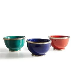 Moroccan Glazed Bowls With Silver Trim - Set Of 3